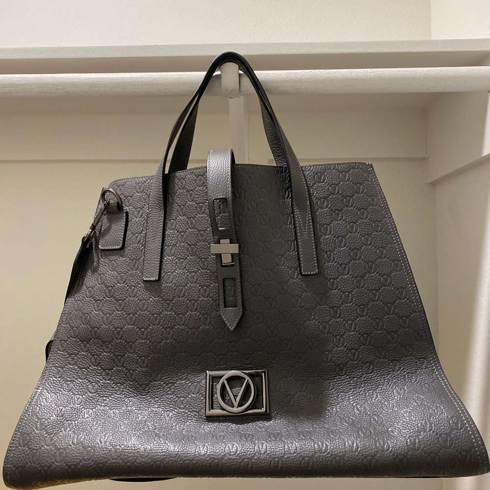 Valentino Gray Leather Bag with Silver Logo Plate